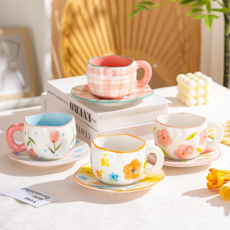 300ML Cute Hand Pinched Irregular Ceramic Mug Flower Heart Pattern Coffee Cup Br