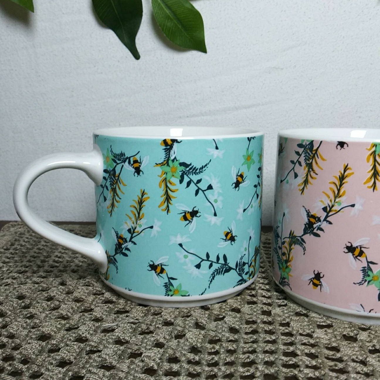 Coco + Lola Mug Set Of 2 Coffee Cups Honey Bees Spring Flowers Pink Turquoise