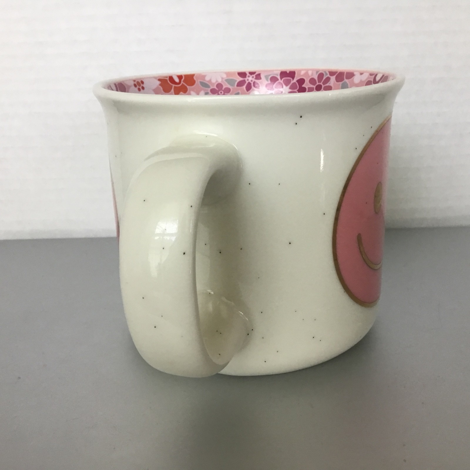 Happy Face Mug Cup 20oz Ceramic Bright Pink Tones Colorful Floral Inside
