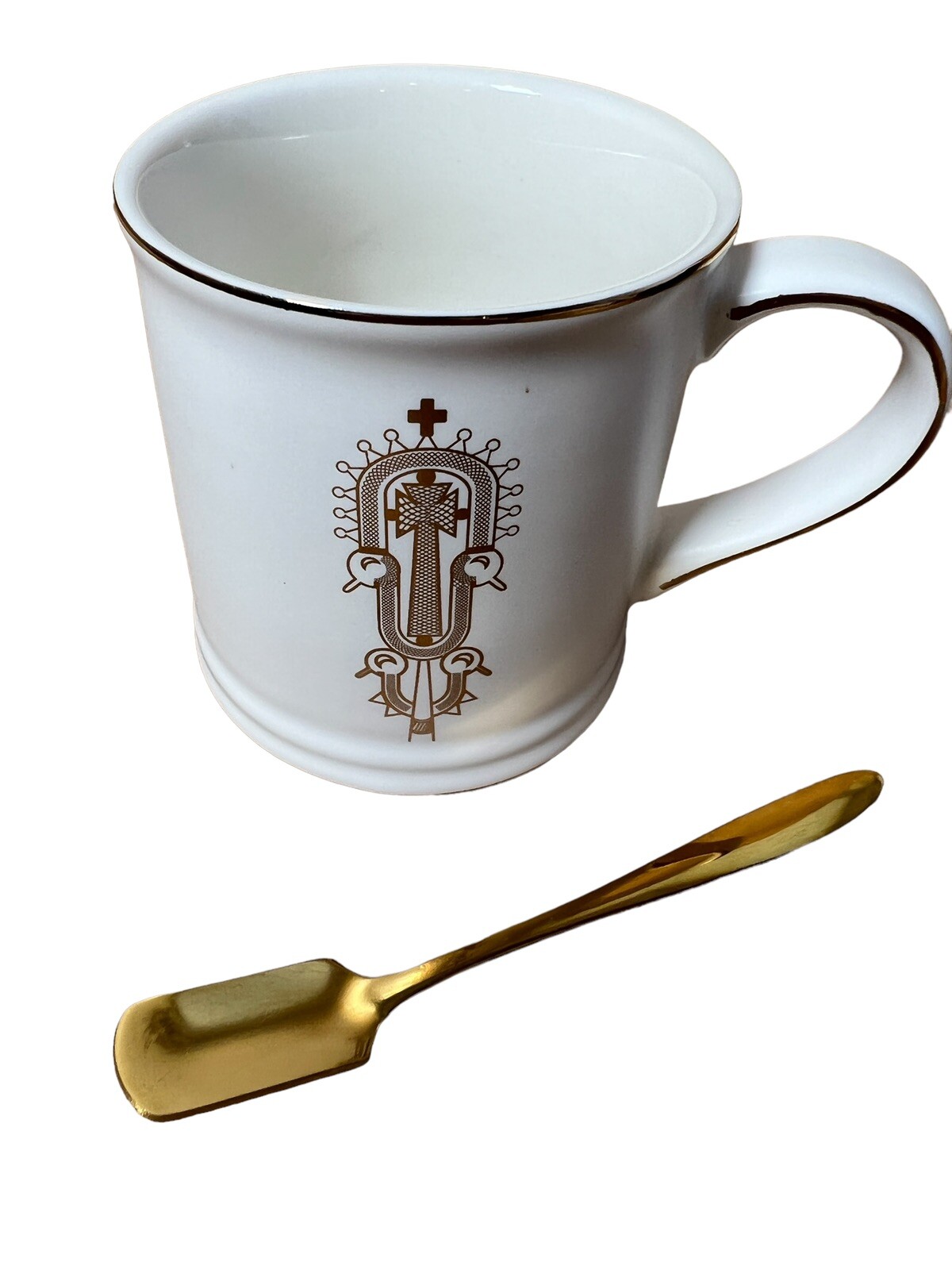NEW Lidded Coffee Mug w/Gold Spoon Depict Christian Ethiopian Processional Cross