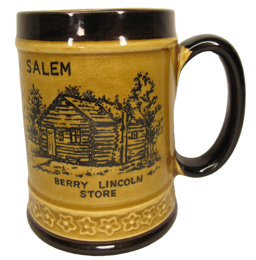 VTG Lincoln’s New Salem Coffee-Tea-Cocoa Cup-Mug-Stein~Brown~Floral-Americana