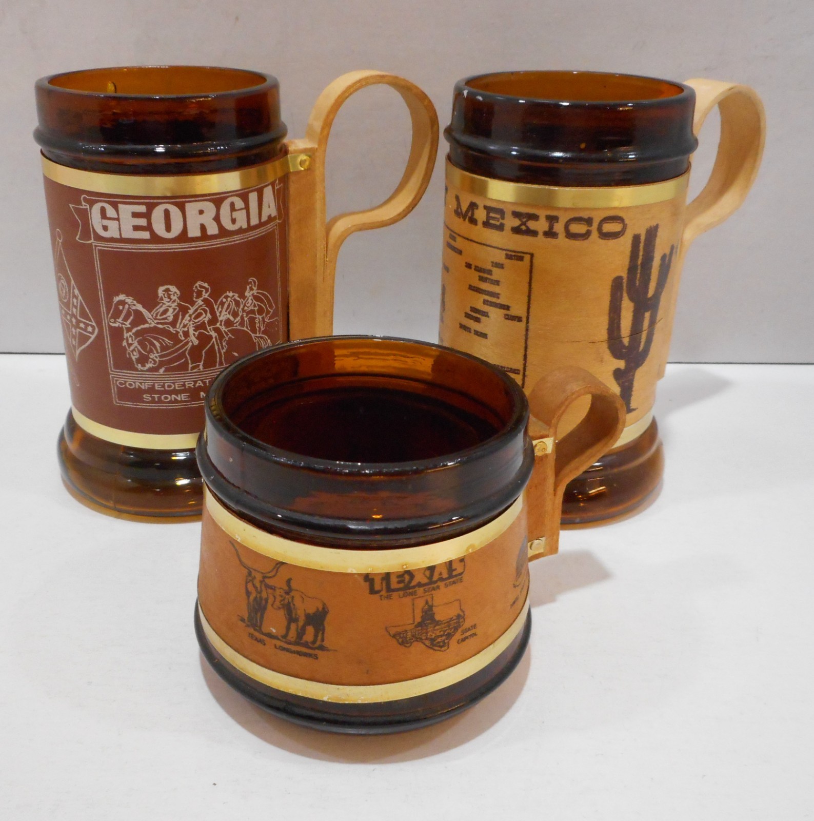 Lot of 3 Brown Amber Mugs with Wooden Handles and wood wraps VTG unique