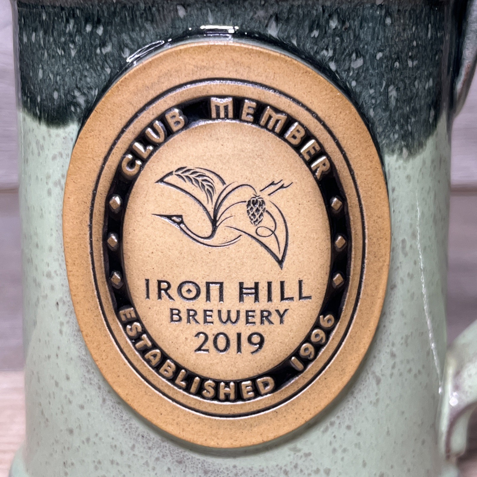 IRON HILL BREWERY 2019 Club Member Mug Green Drip Glaze Pottery Stoneware Stein