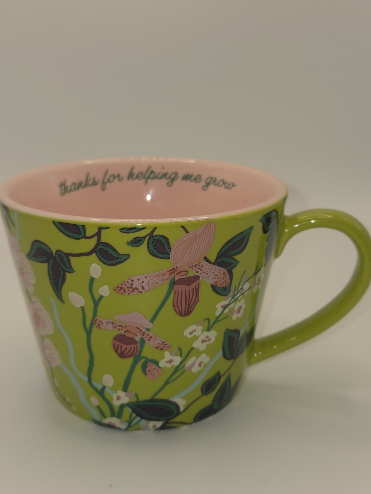 Paper Source Floral Green Mug W/Pink Inside Says Thanks For Helping Me Grow