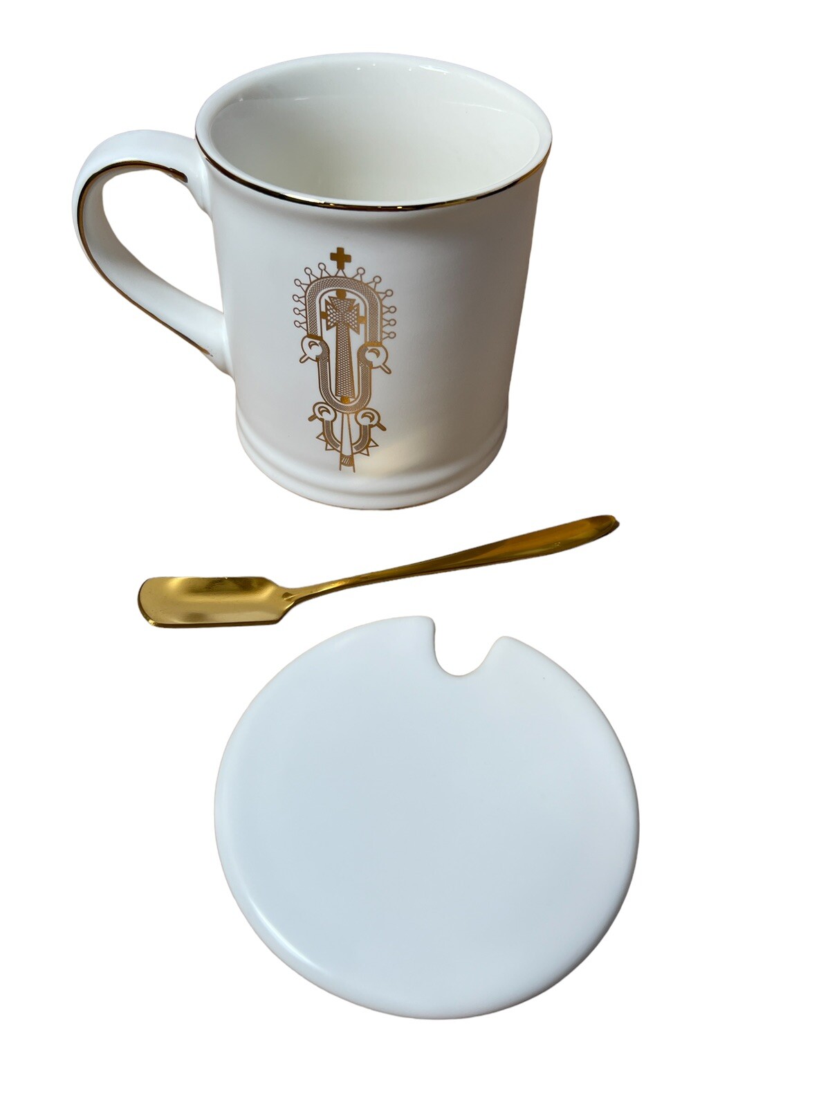 NEW Lidded Coffee Mug w/Gold Spoon Depict Christian Ethiopian Processional Cross