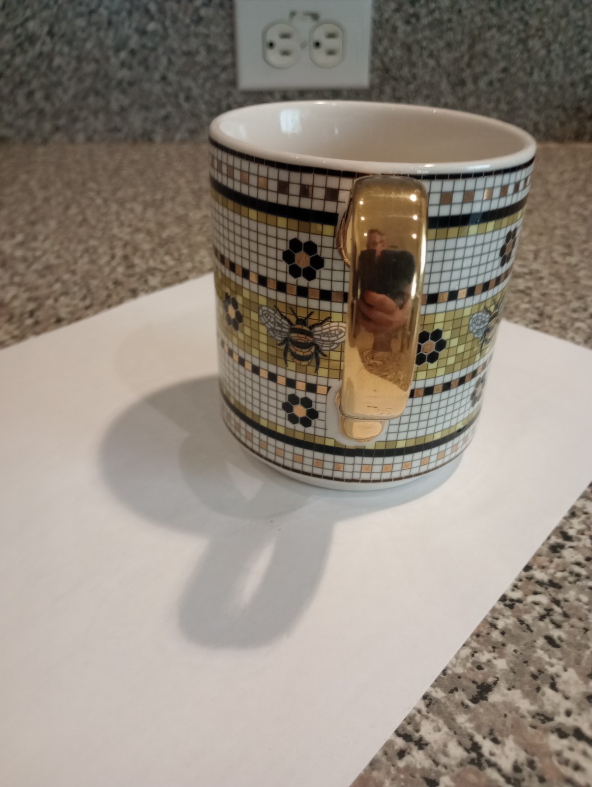 By Anthropologie Bistro Mosaic Tile Bee Stoneware Garden Gold Coffee Mug Cup