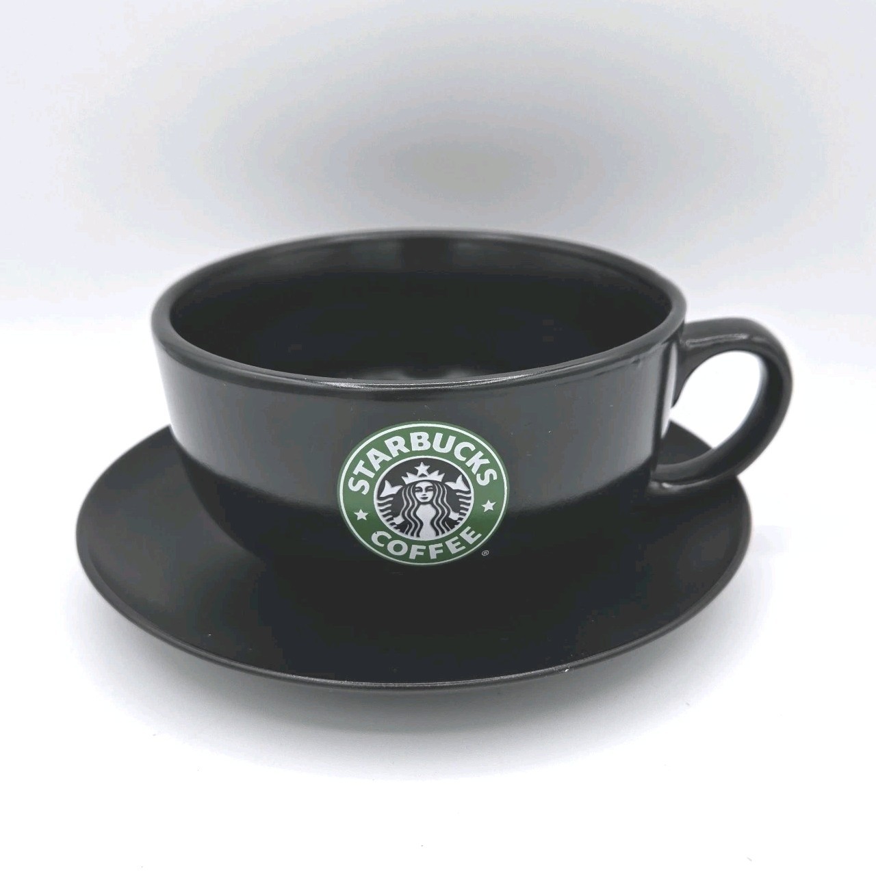 Starbucks 2008 Black Coffee Soup Mug Cup And Saucer Mermaid Logo 18 oz XL