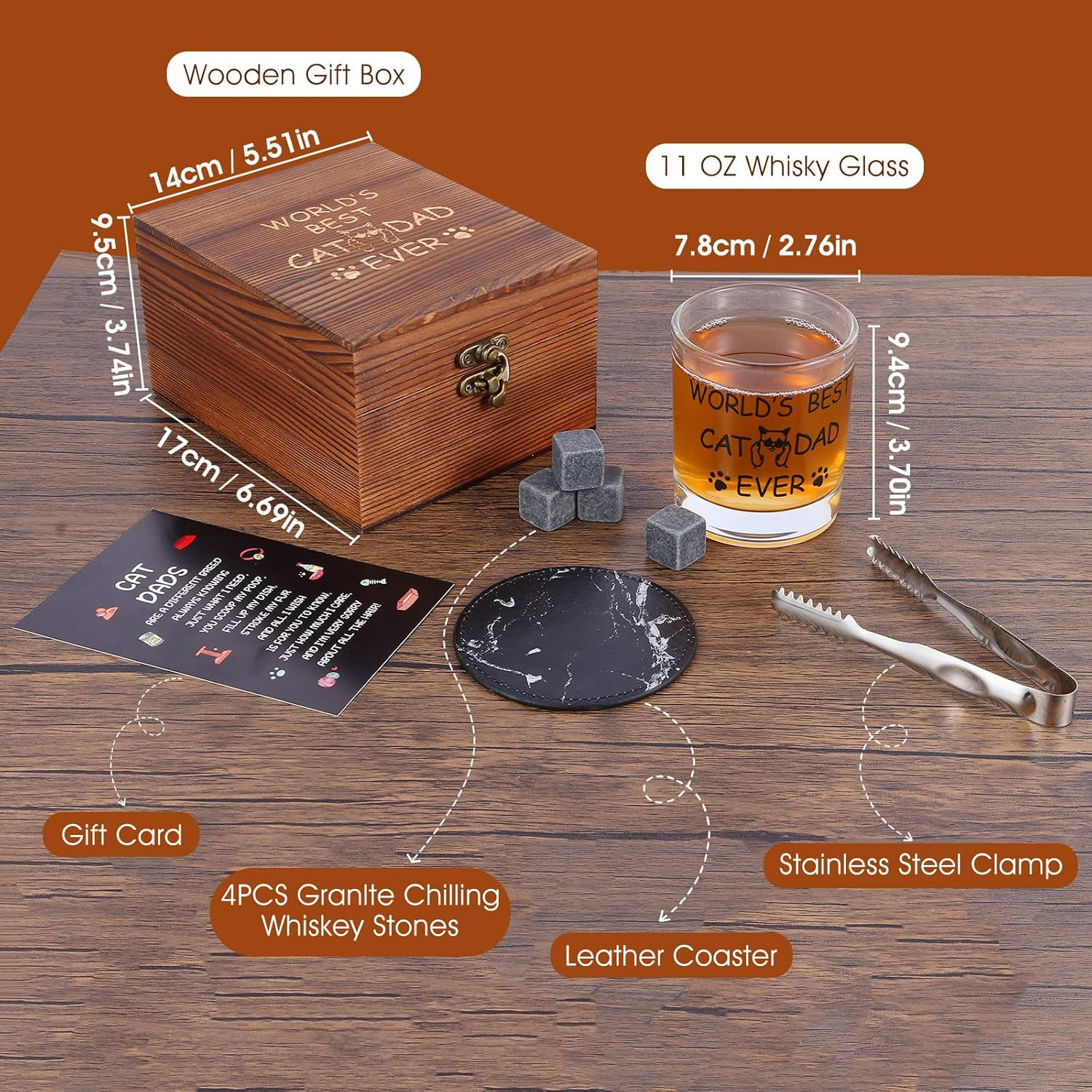 Cat Dad Gifts, Best Gift for Dad, Gift with 12Oz Whiskey Glasses, Stones, Coaste