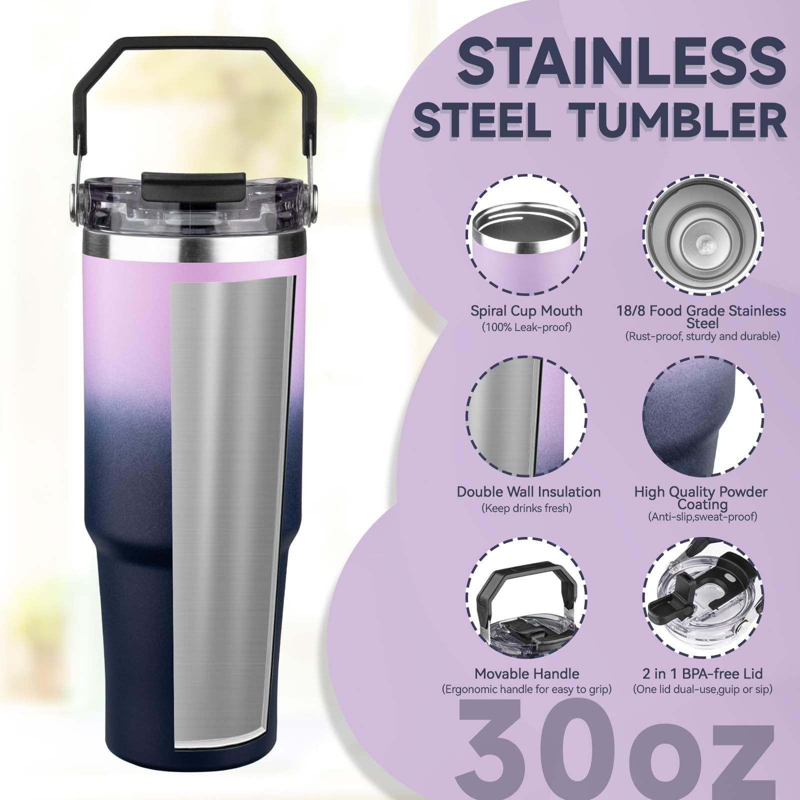 30oz Tumbler with Handle and Flip Straw Lid Double Wall Insulated Travel Coff…