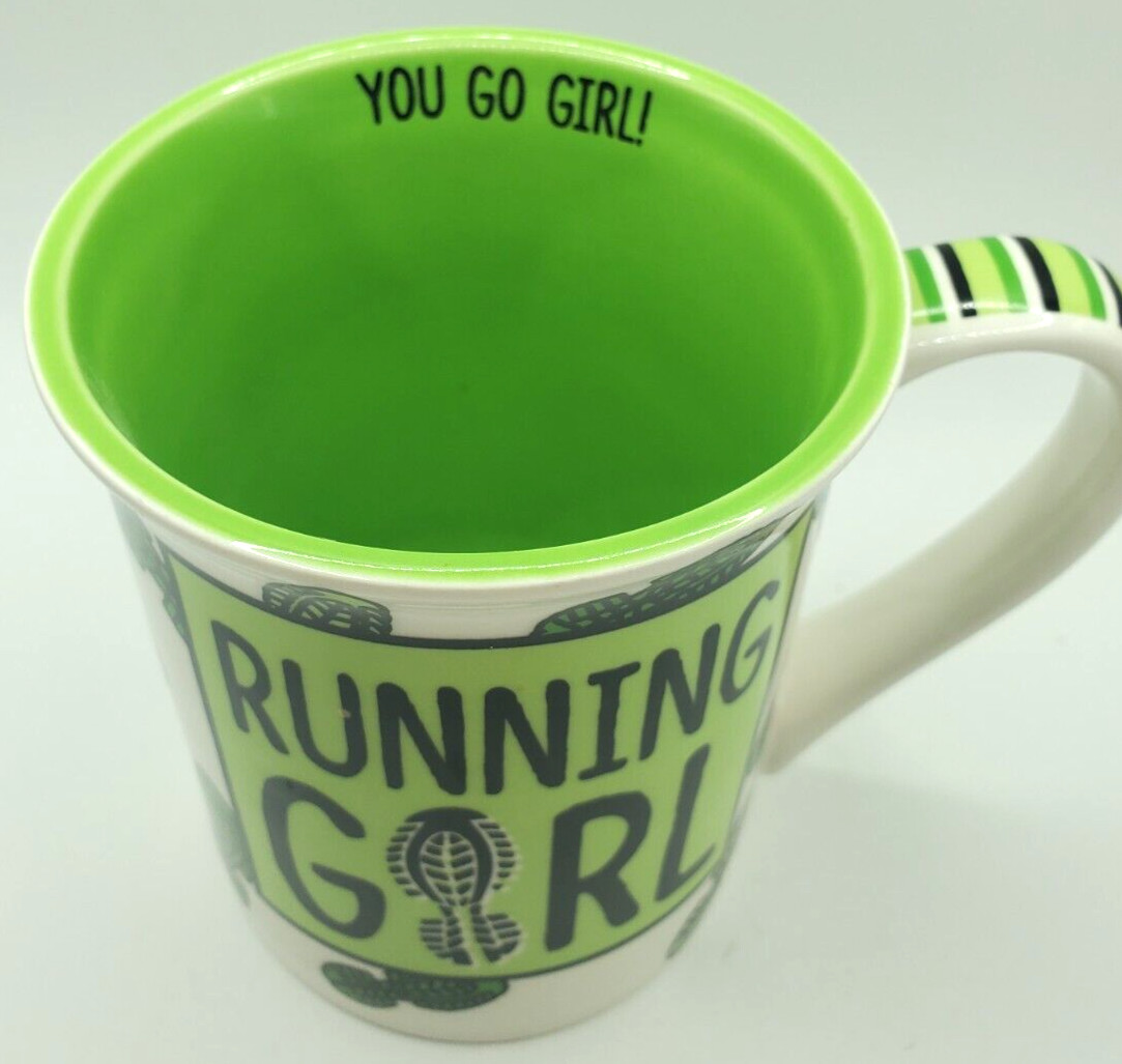 RUNNING GIRL MUG YOU GO GIRL COFFEE MUG White Green Art Deco Mug