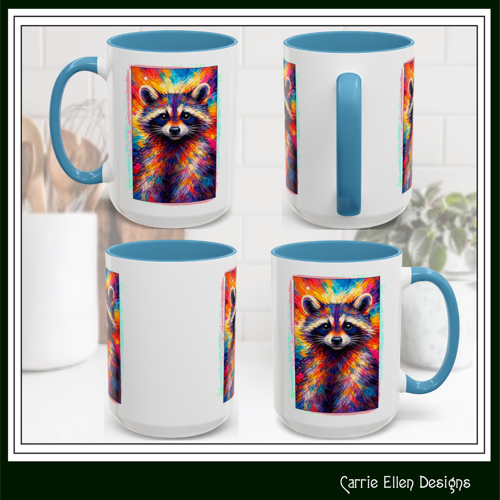 Raccoon Accent Ceramic Mug | Vibrant Colorful Raccoon Coffee Mug, 11oz & 15oz