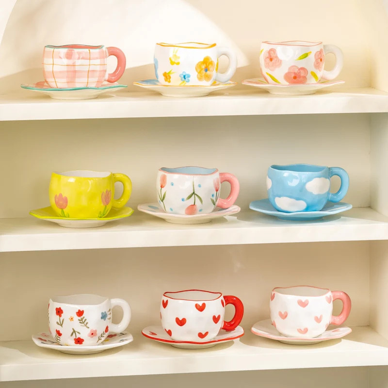 300ML Cute Hand Pinched Irregular Ceramic Mug Flower Heart Pattern Coffee Cup Br