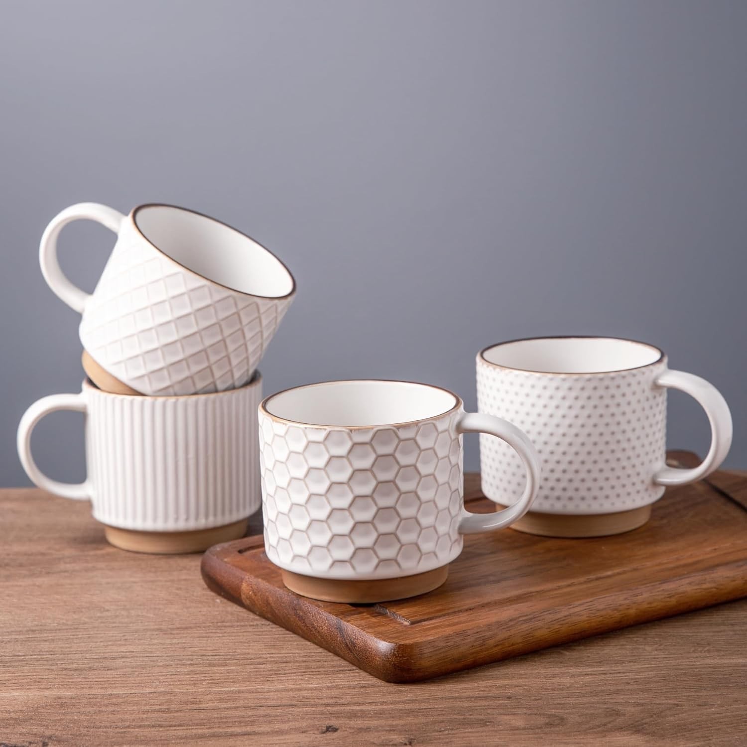 12OZ Stackable Coffee Mugs, Ceramic Coffee Mugs with Texture Patterns for Man…