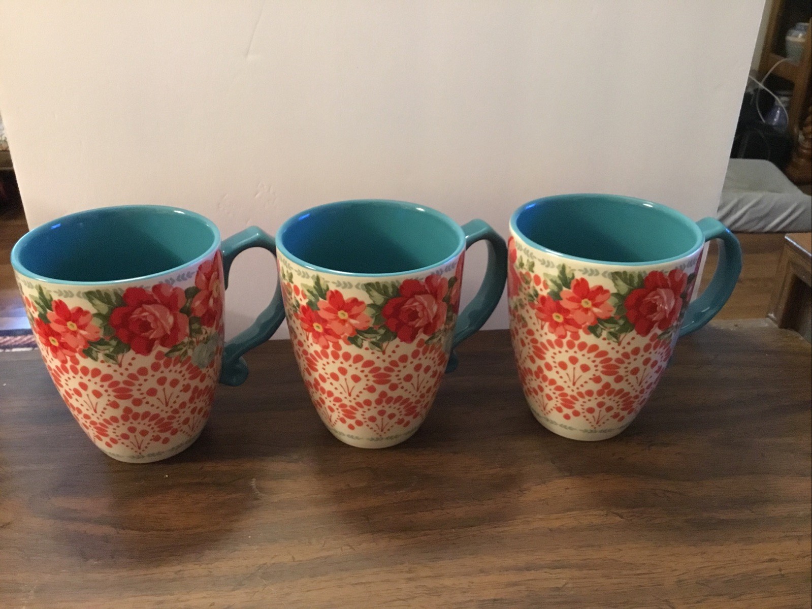 Set of 3 Pioneer Woman 28 Oz Jumbo Stoneware Vintage Floral Mugs Latte Coffee