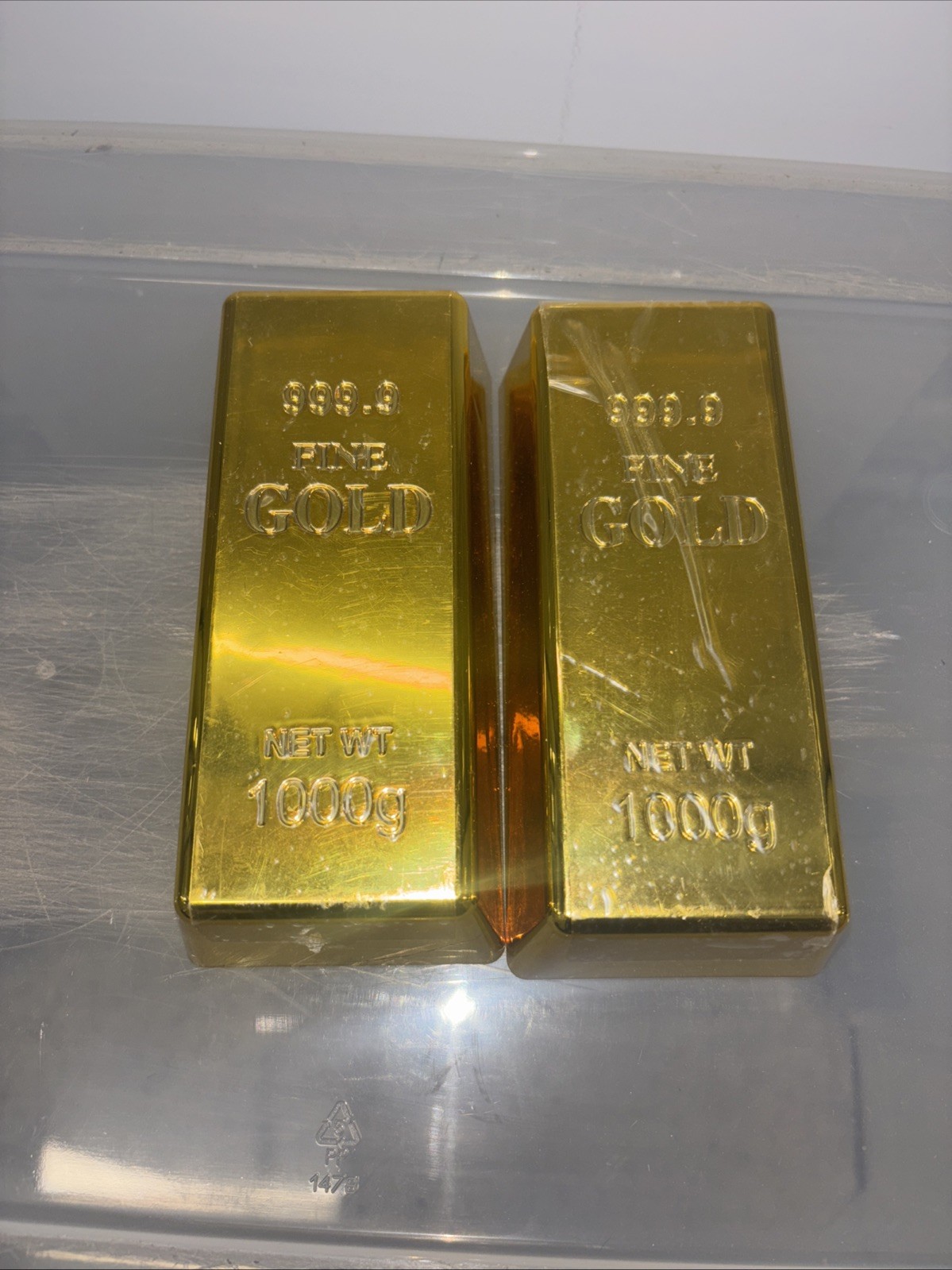 2 Pcs Fake Gold Bar Replica Brick Bullion 999.9 1000g Plastic Gold Painted
