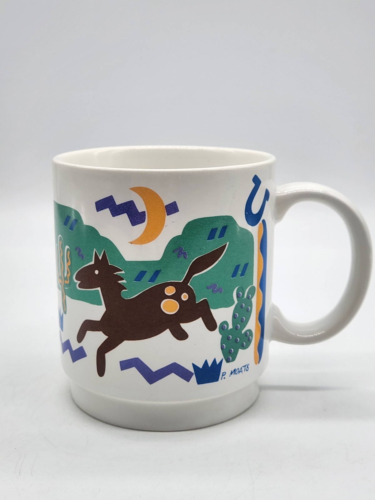 Vintage P. Moats White Mug Prancing Mustang in Desert Southwest Design No Rubber