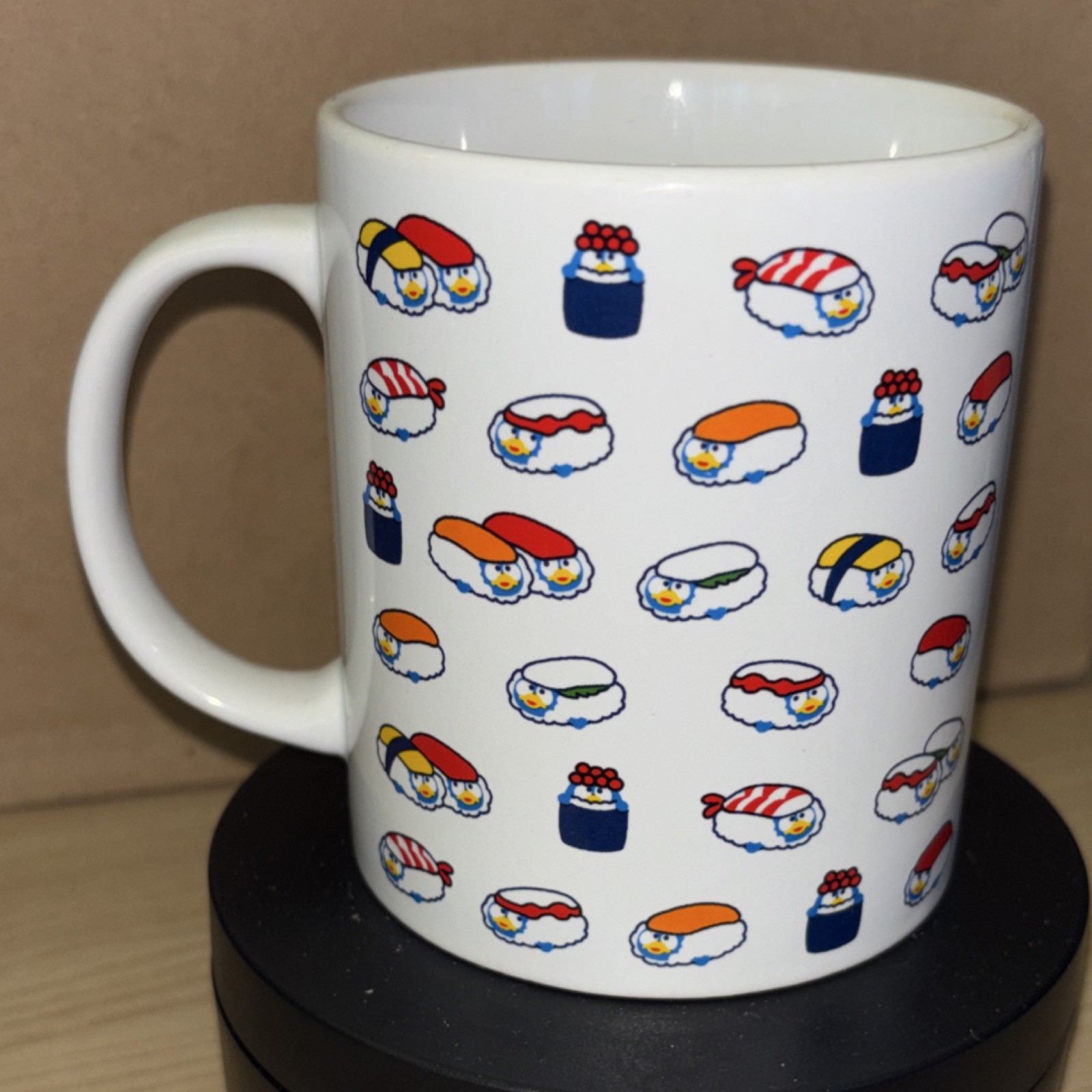 White Ceramic Coffee Mug with Sushi Cartoon Design, Novelty Food & Drink Theme