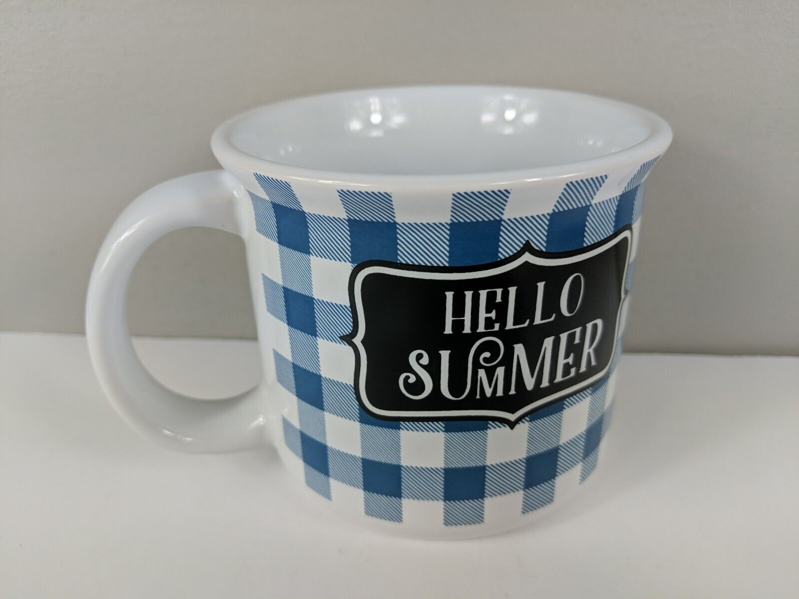 Hello Summer Large Coffee Mug, White w/ Blue Plaid
