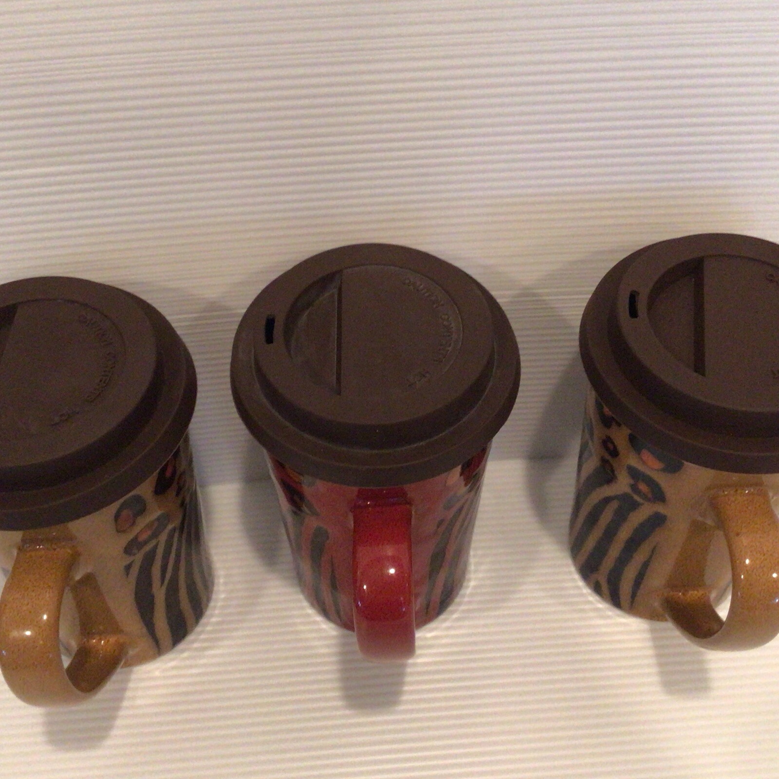 Coffee Mugs, Lids Set/3 15oz Ceramic Animal Print Zebra Leopard Nature Home READ