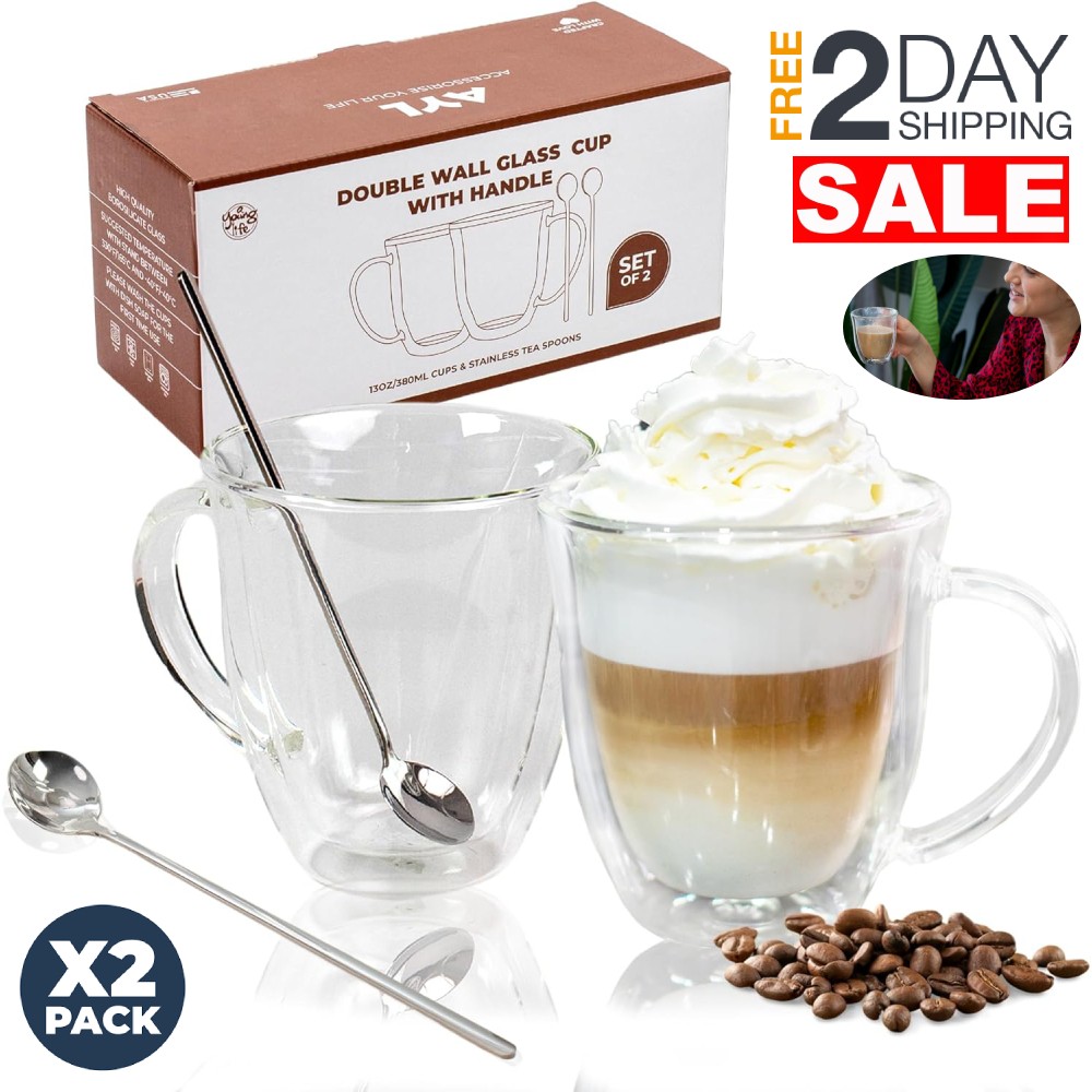 Double Walled Borosilicate Glass Coffee Mugs 12 Oz Set Of 2 With Handle & Spoons