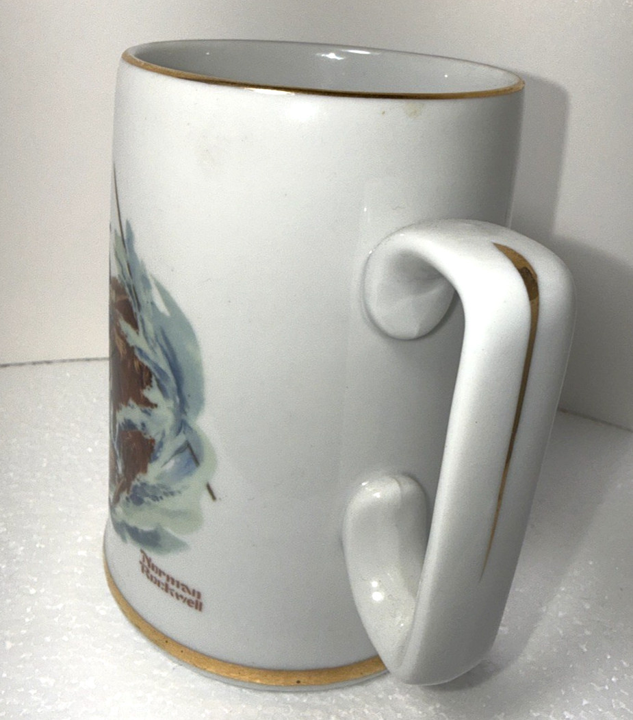 Vintage Norman Rockwell Braving The Storm Tankard Mug Cup Gold Trim coffee Tea