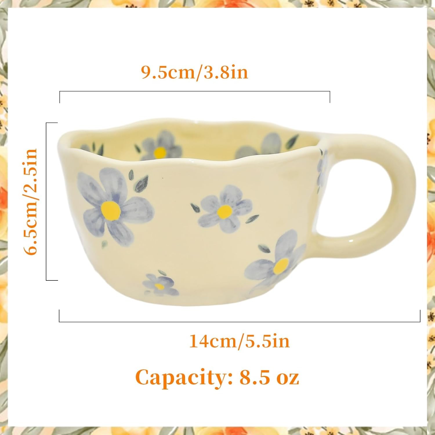 8.5 oz Elegant Floral Ceramic Mug Coffee Cup with Flower Decorations, 250ml