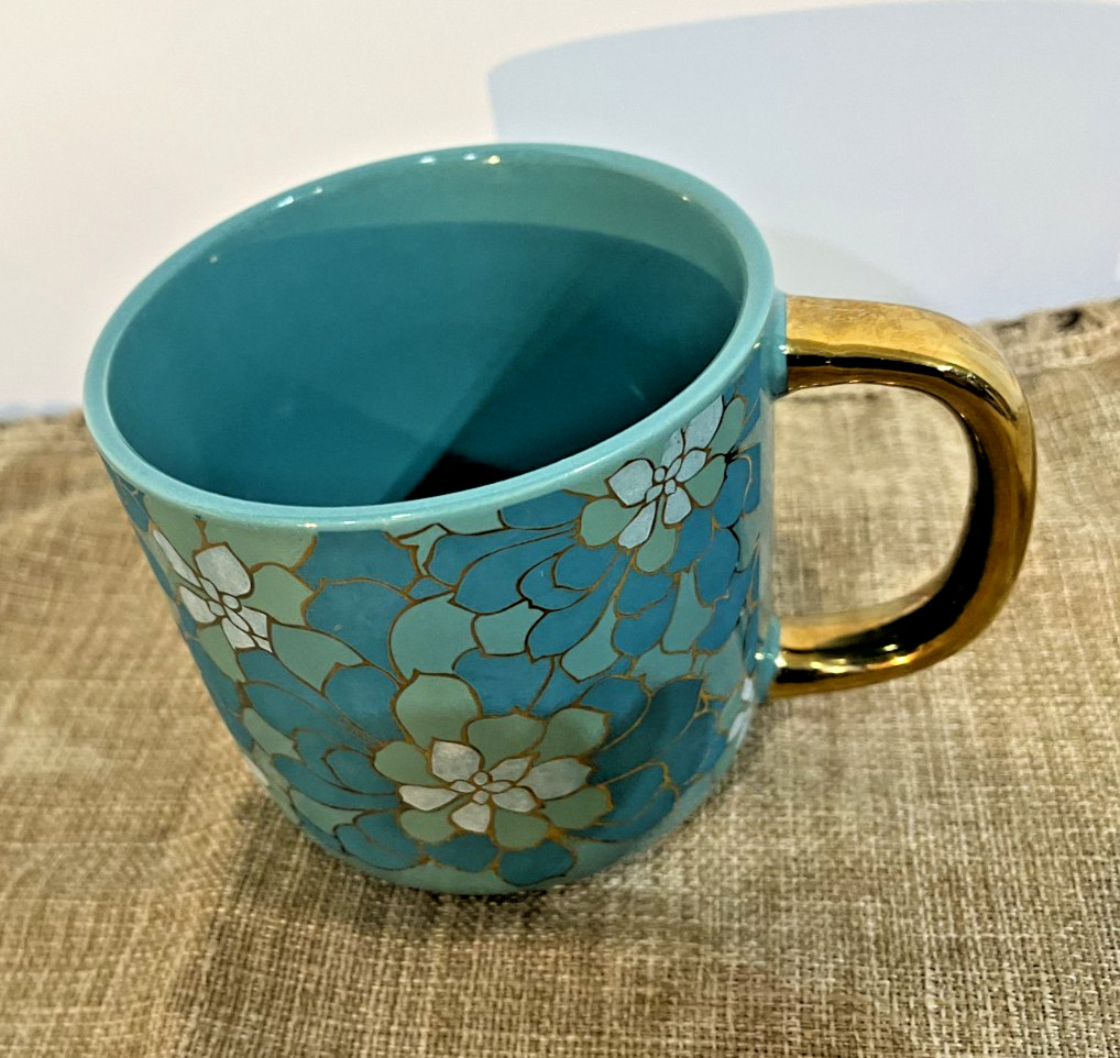 Turquoise Floral Mug Gold Handle Thyme & Table Succulents Coffee Cup