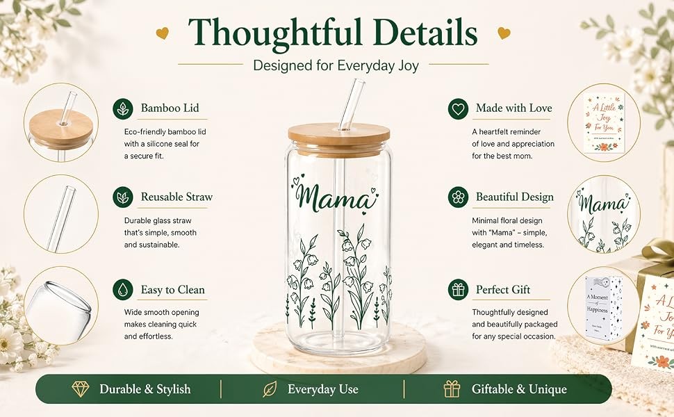 Mama for Mom – 16oz Floral Iced Coffee Cup with Lid and Straw – Cute Birthday