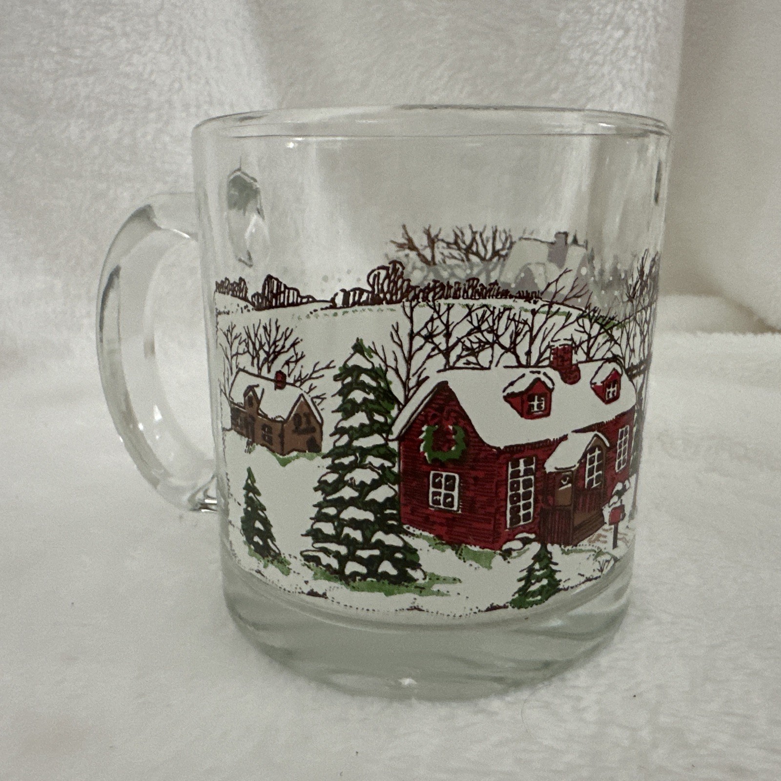 VTG Libby Glass Christmas Winter Village Snow Scene Coffee Mug Cup Set Of 2