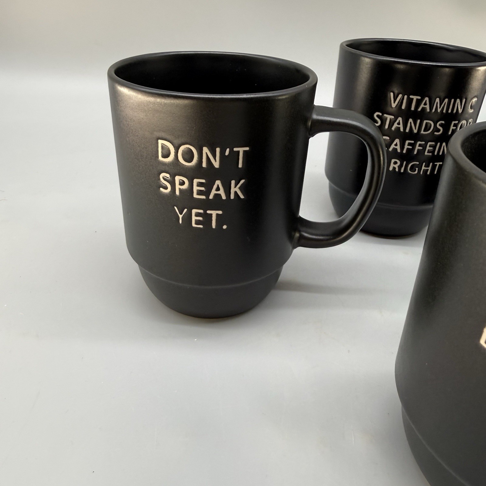 4 Boston Warehouse Black Coffee Mugs Snarky Funny Sayings Stackable Ceramic Cups