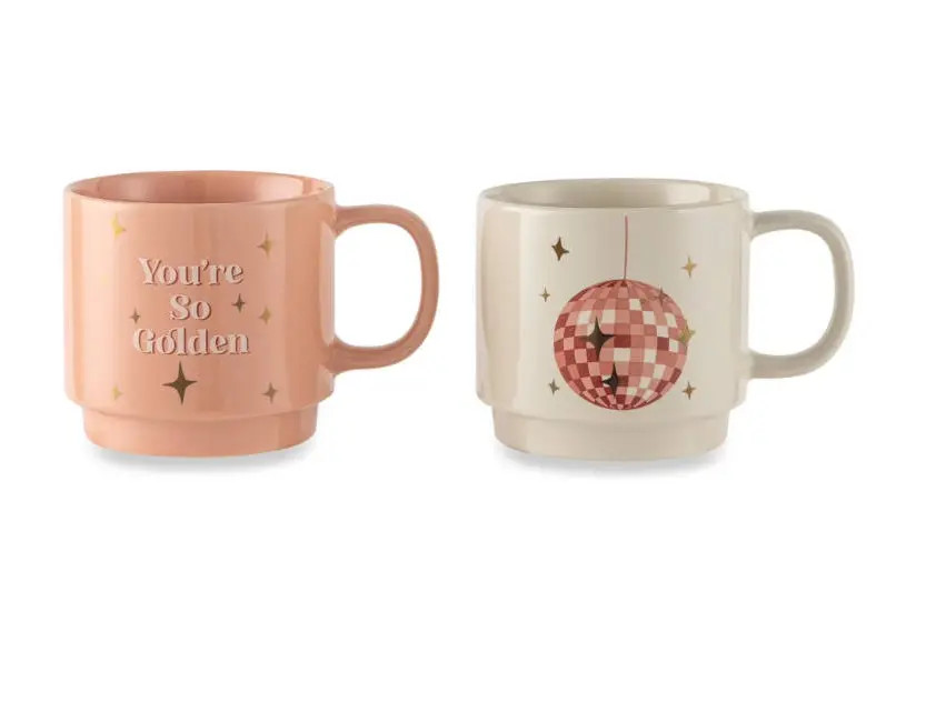2pc Stacking Stoneware Mugs Set 14oz Pink You’re So Golden Disco Ball