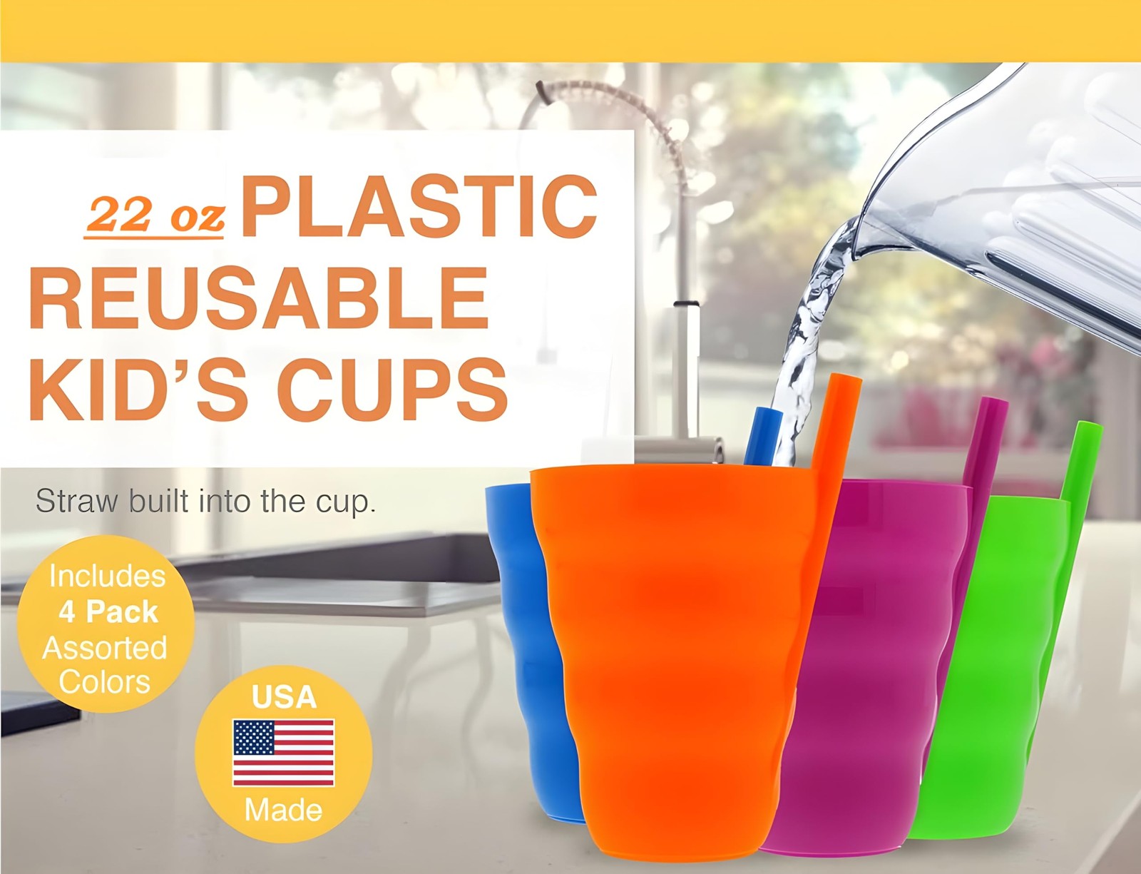 22oz Reusable Plastic Straw Cups, Set of 4 Stackable Tumblers
