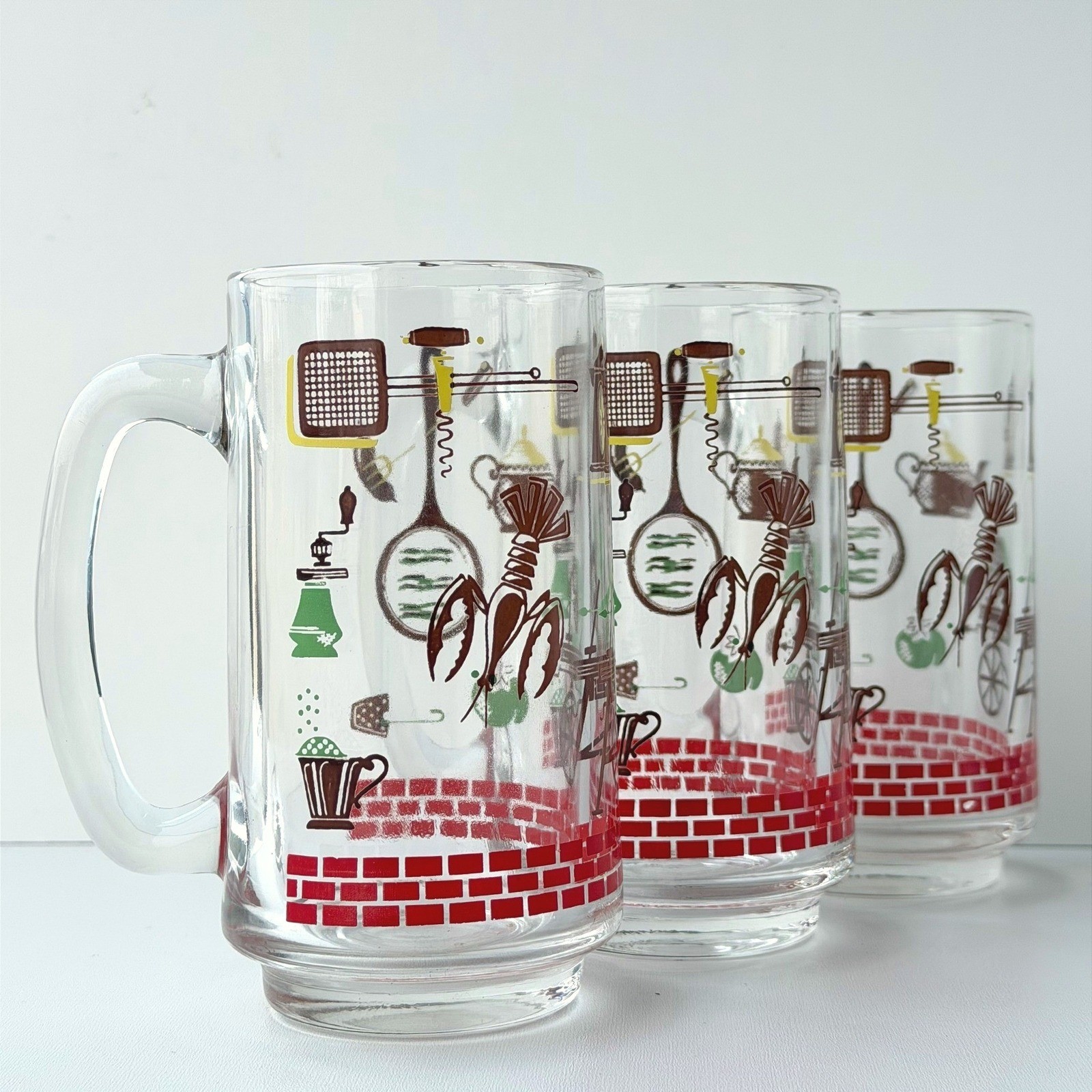Vintage 50s Hazel Atlas Lobster BBQ Glass Beer Stein Mugs Set of 3 MCM Retro
