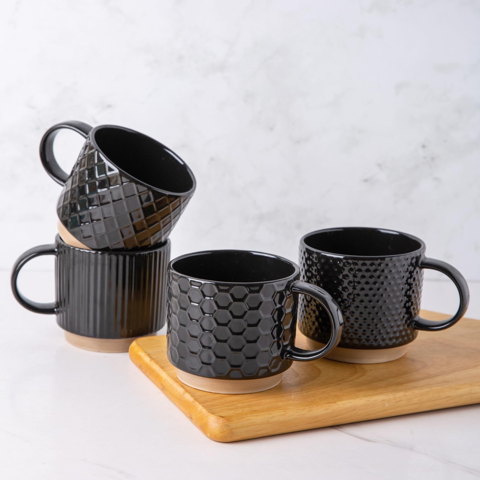 12oz Stackable Ceramic Coffee Mugs Set of 4 Textured Black Dishwasher Safe Gift