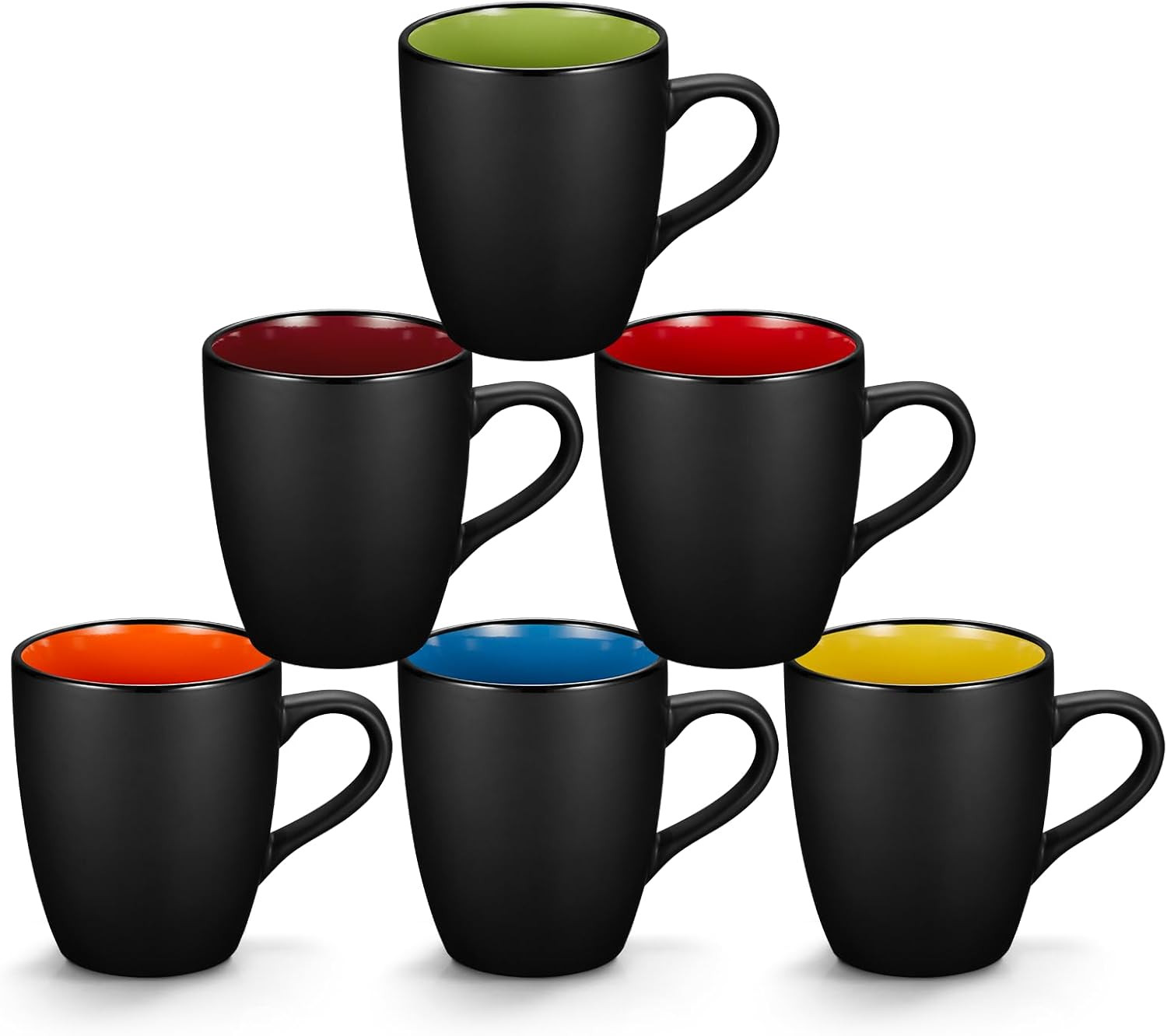 6 Pack Porcelain Coffee Mugs Set, 12 oz Ceramic Cups, Matte Black Outside, USA
