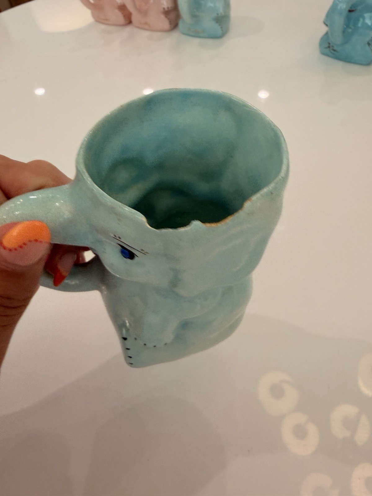 Mid-Century Modern Figural Elephant Ceramic Coffee Mug Set, 5pc Pink Blue