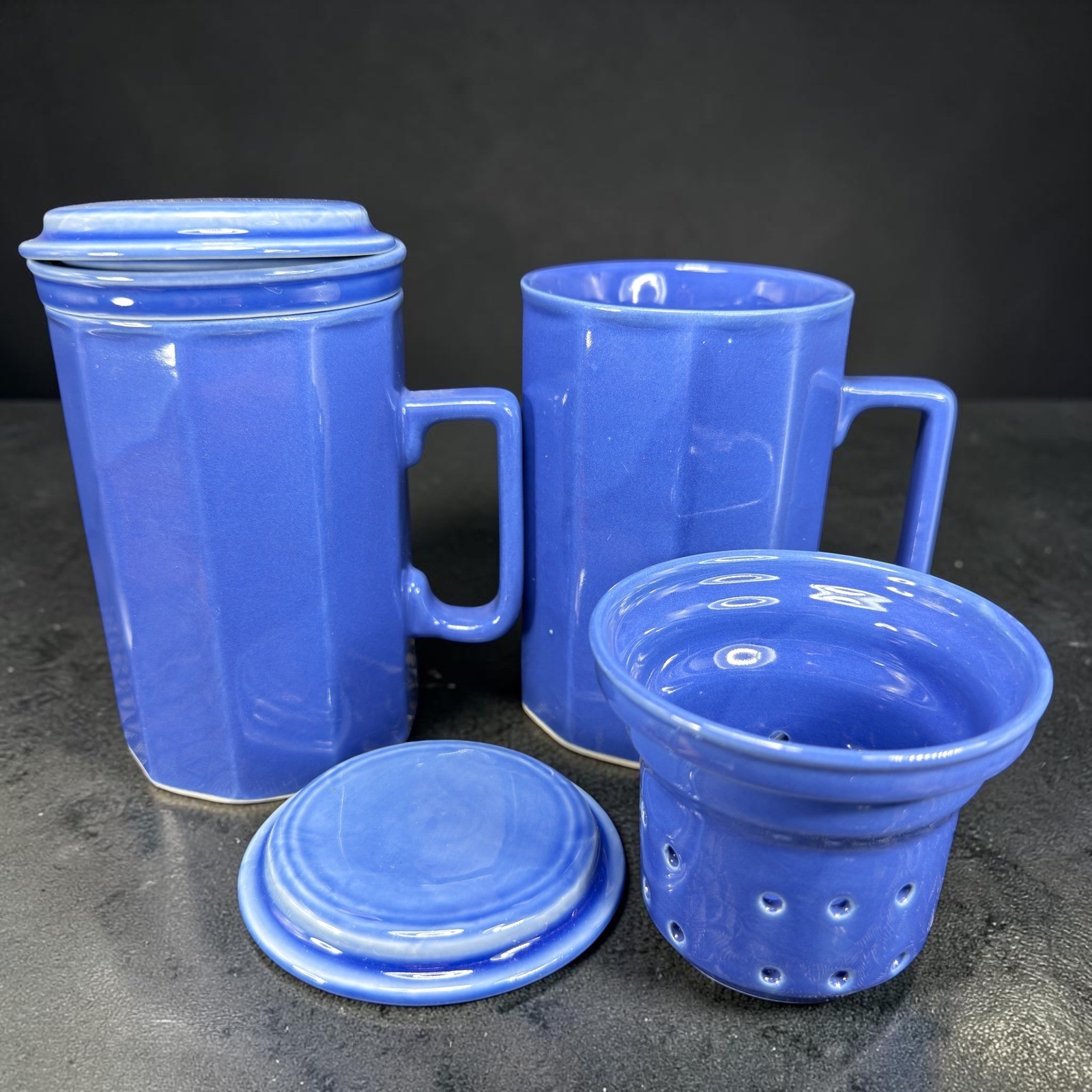 Lampang Silpanakone Thailand Blue Ceramic Tea Mug Set with Infusers and Lids 2pc