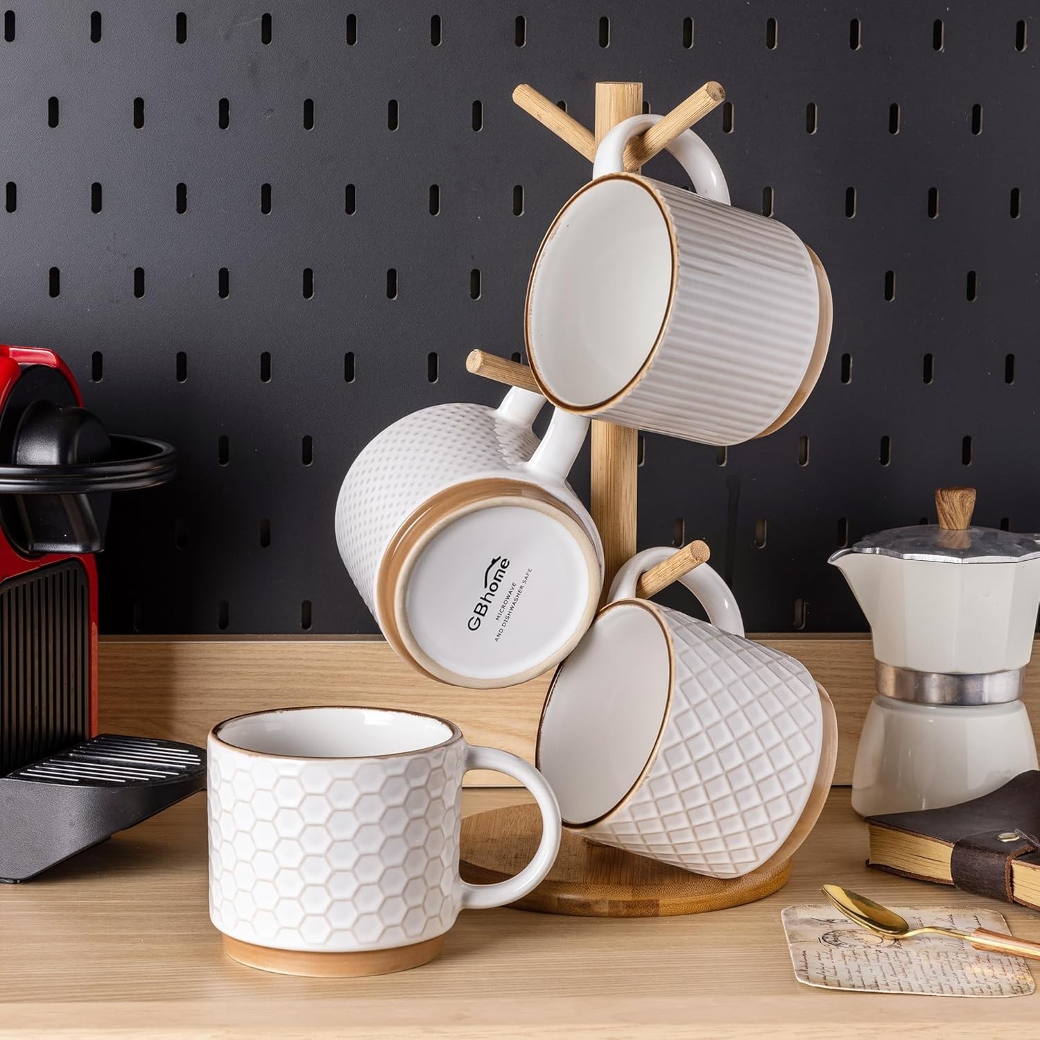 12OZ Stackable Coffee Mugs, Ceramic Coffee Mugs with Texture Patterns for Man…