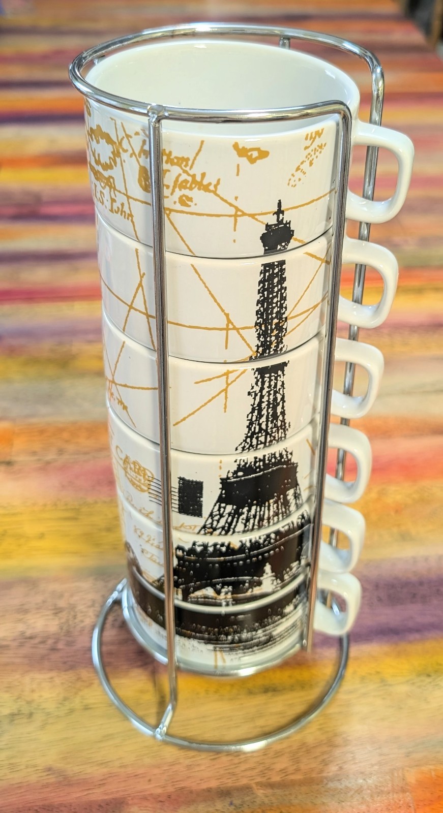 ⭐Royal Paris Eiffel Tower Stackable w/Metal Rack Art Nouveau Coffee Cups Mugs