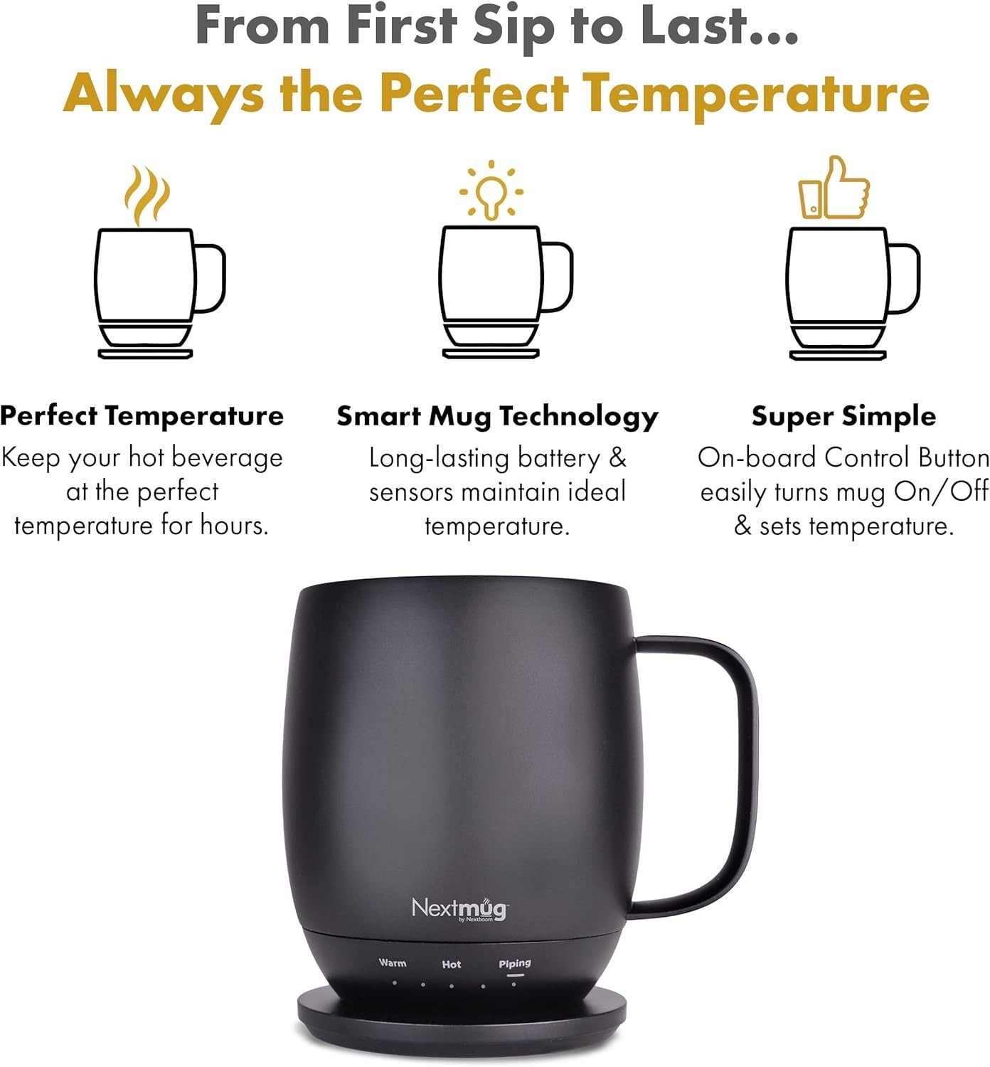 Temperature-Controlled, Self-Heating Coffee Mug Black
