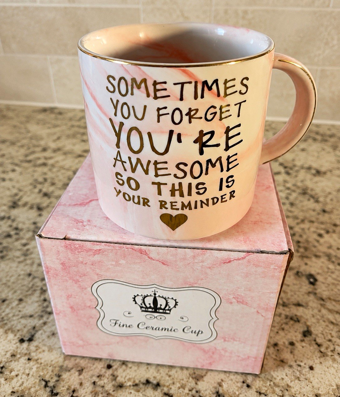 Fine Ceramic Cup Inspirational Quote Mug 11 fl oz Pink/White/Gold Marbled