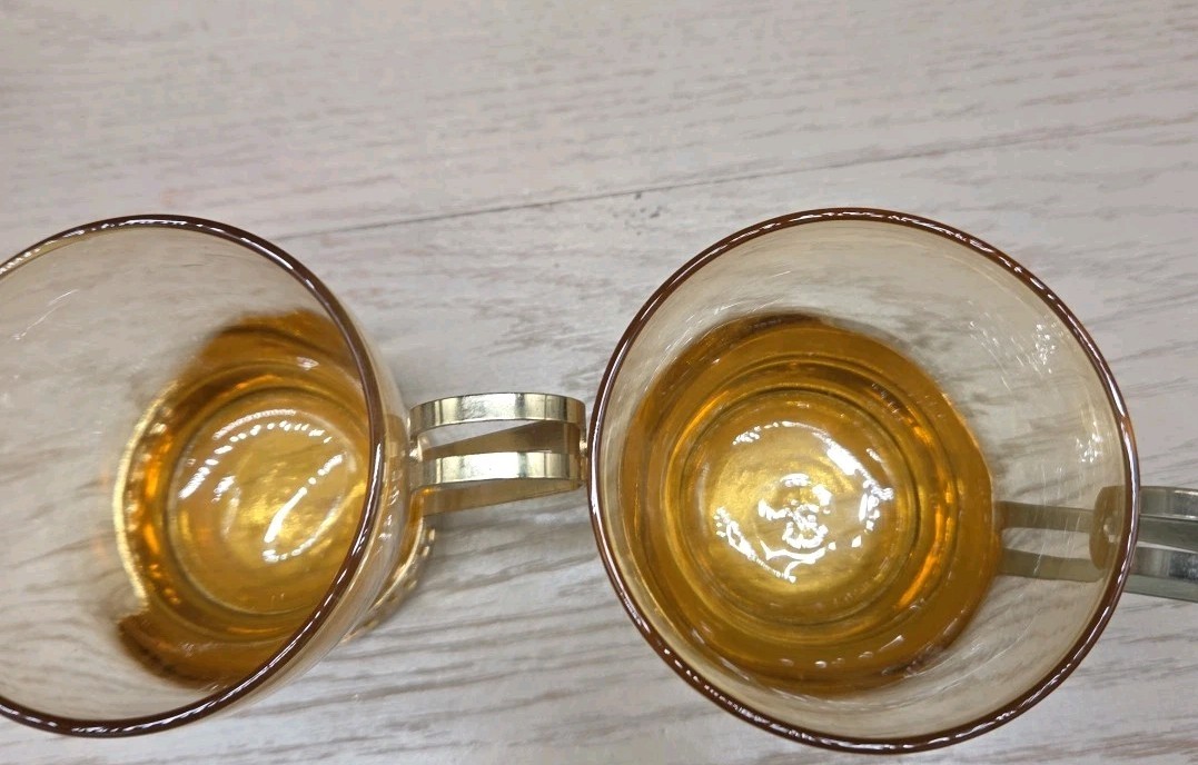Mugs Set 2 Libbey Greek Key Amber Glass Gold Coffee Tea VTG