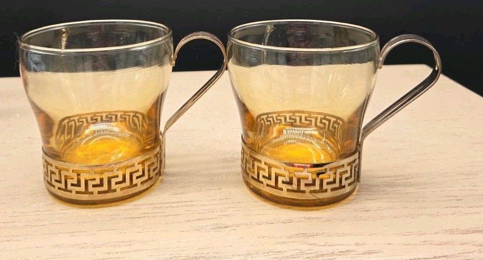 Mugs Set 2 Libbey Greek Key Amber Glass Gold Coffee Tea VTG