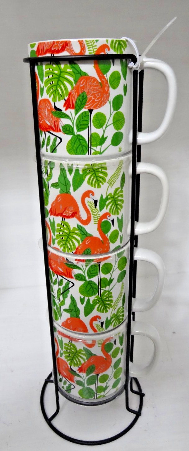 Cracker Barrel Stackable Pink Flamingo 14oz Mugs With Stand