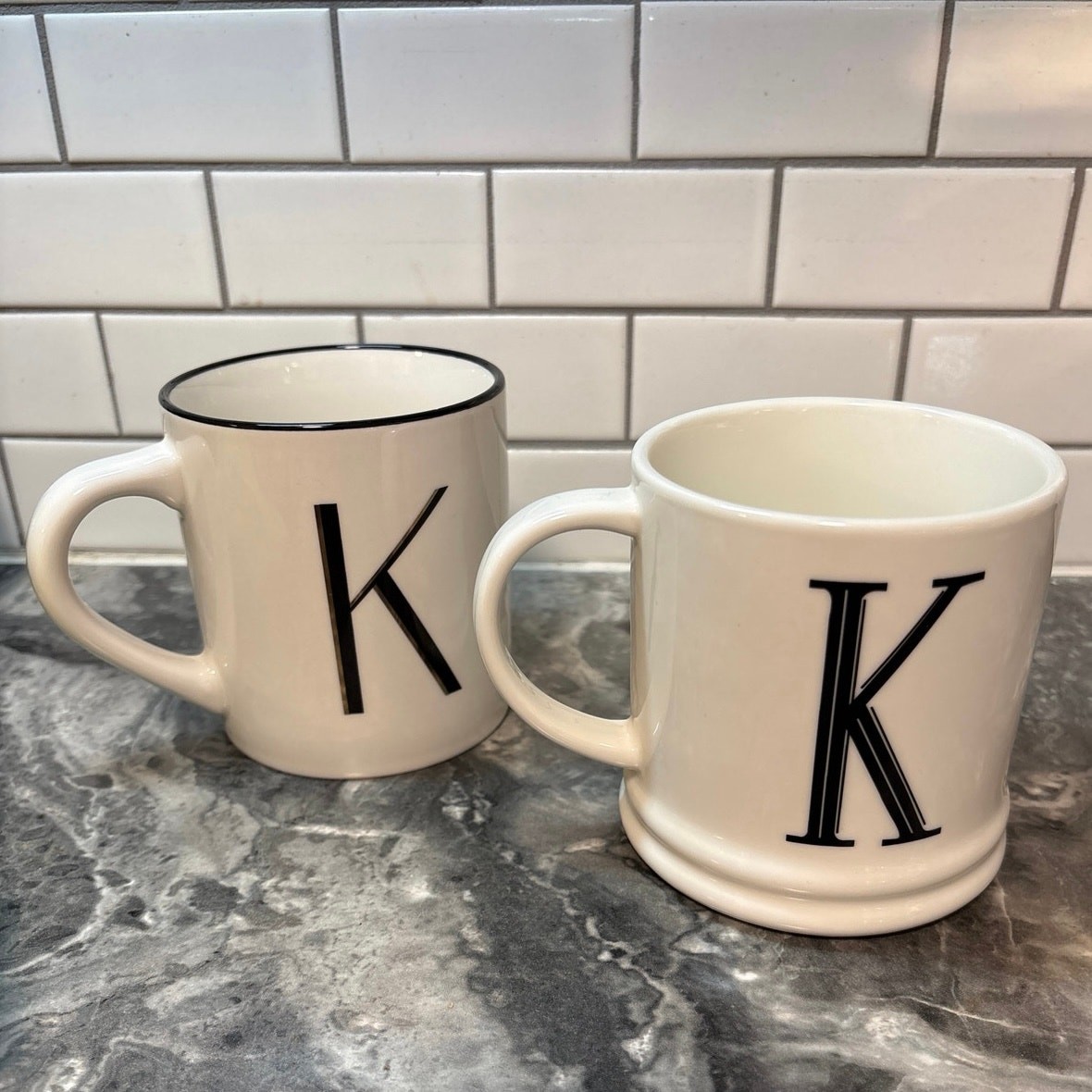 Set of 2 “K” Initial Coffee Cup Mug Tea Black White