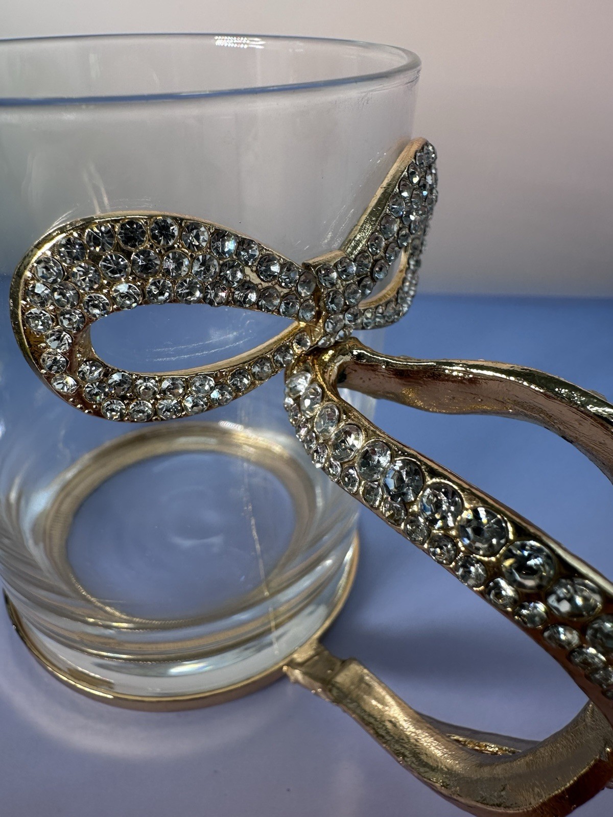 Set of 2 Glass Bow Mugs Gold Tone Rhinestone Bling Handle Decor Any Occasion