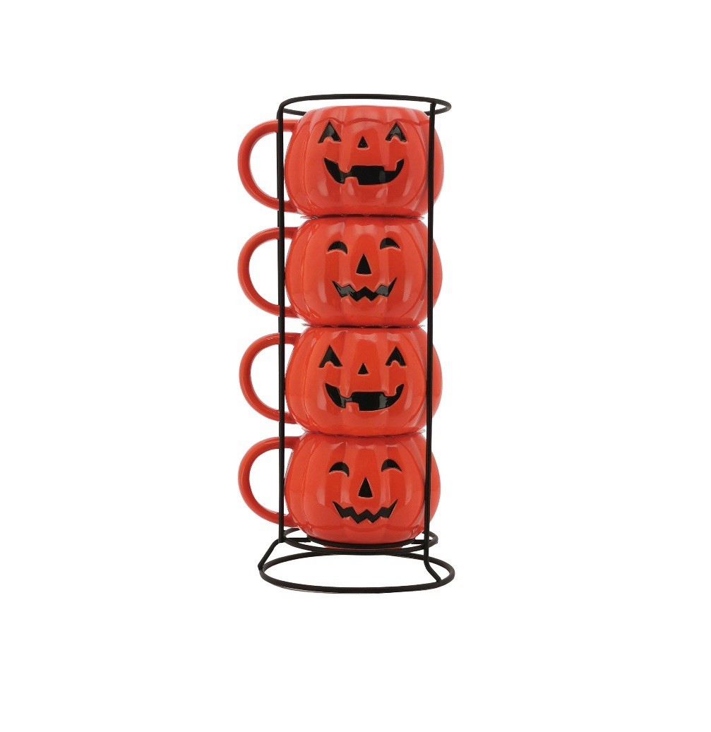 4 Pack Halloween Pumpkin Stoneware Stackable Mug Set 14-Oz Iron Storage Rack