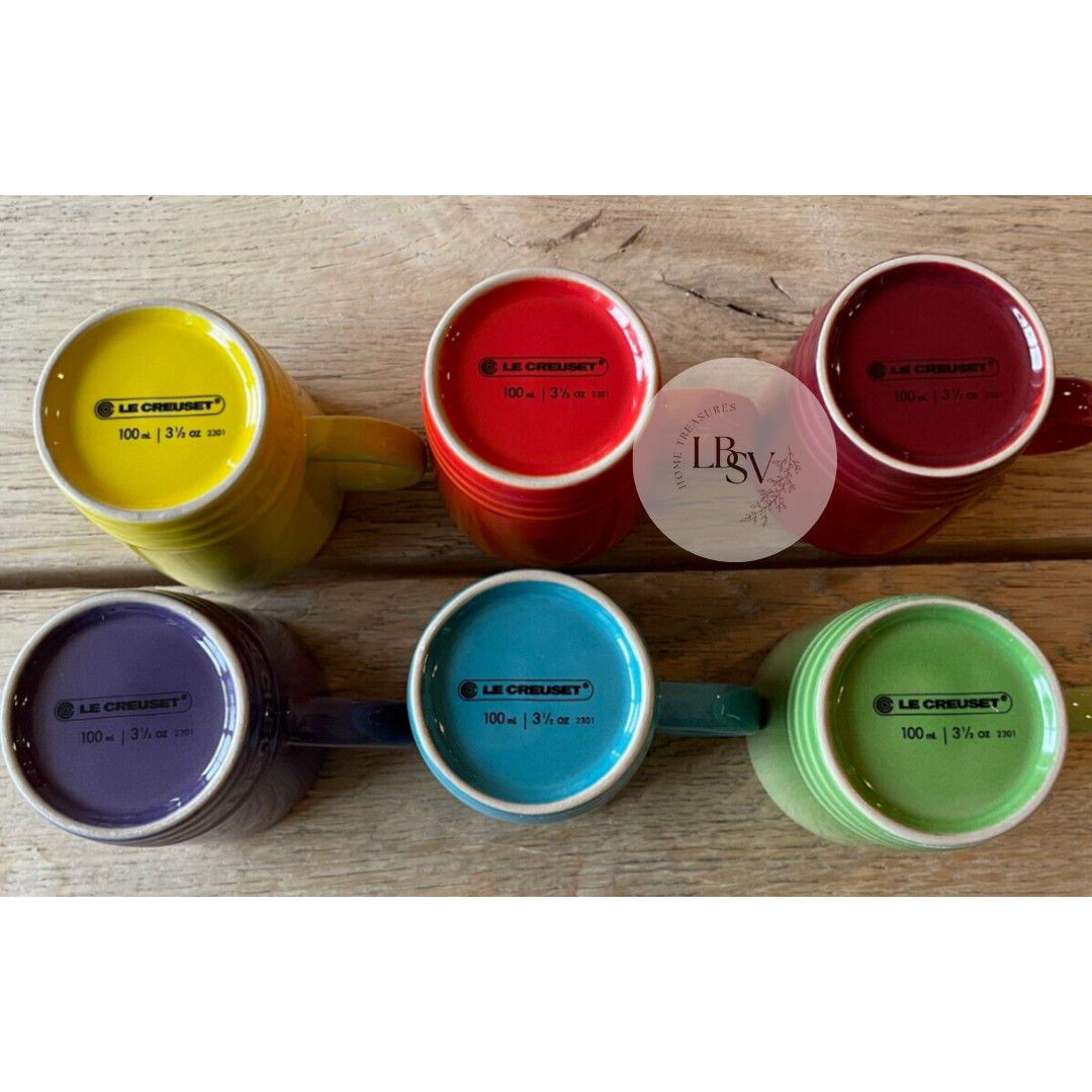 Le Creuset Stoneware Rainbow Multicolor Set of 6 3.5oz London Espresso Mugs NEW