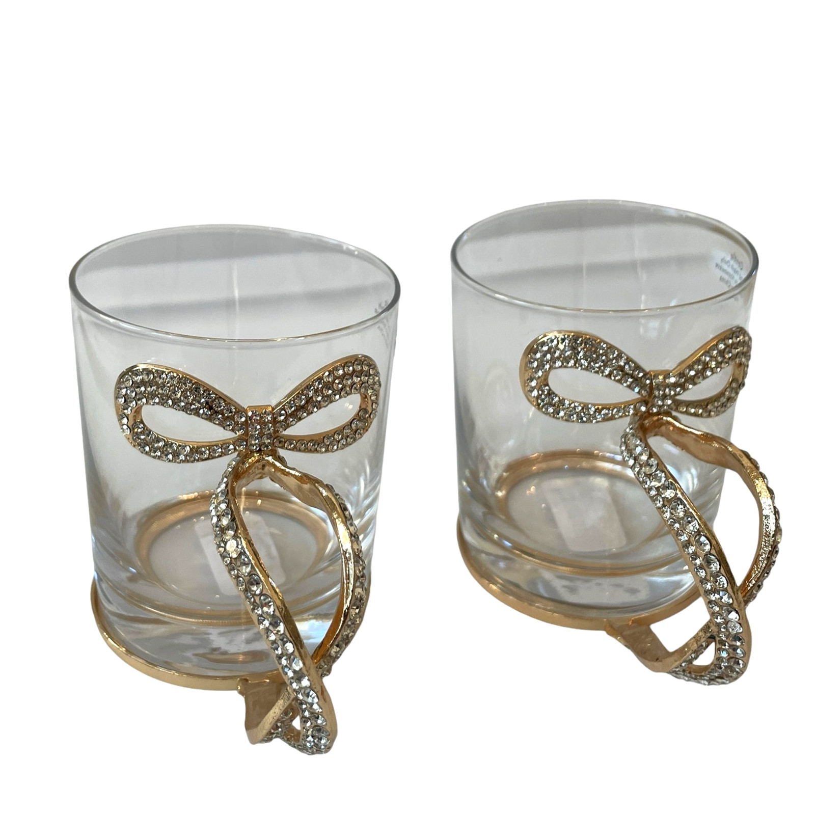 Gold & Rhinestone BOW Handle Glass Mug Coffee Tea Cup Set of 2 Glam Kitchen New