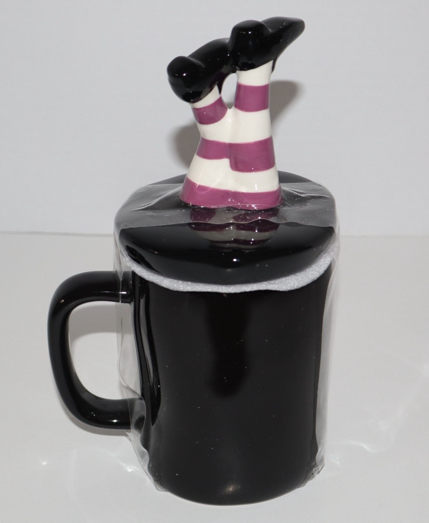 RAE DUNN Drink Up Witches Legs Topper Purple Halloween Black Coffee Mug NEW